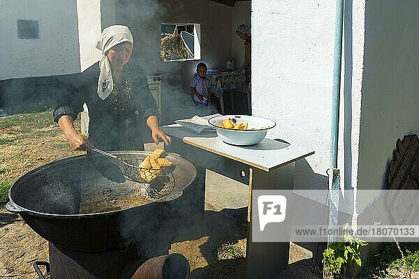 Kasachische Frau bei der Zubereitung des traditionellen lokalen Tandyr-Brotes  Shymkent  Südregion  Kasachstan  Zentralasien  Nur für redaktionelle Zwecke  Asien