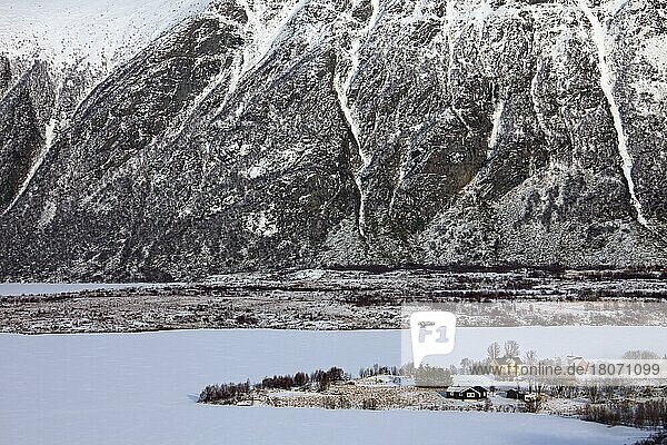 Torvdal village in the snow in winter  Vestvågøya  Lofoten  Norway  Europe