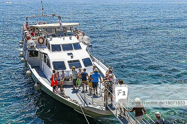 Tourists embark on the liner at Cinque Terre  Ligurian Coast  Liguria  Italy  Europe