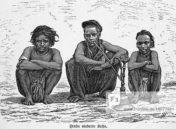 Hindu  low caste  men  sitting  squatting  hookah  smoking  poverty  sad  historical illustration 1885  19th century  Central Asia