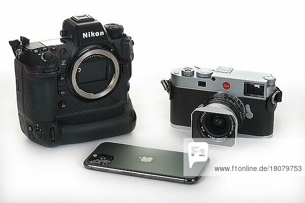 Camera history  current cameras  Nikon Z9  Leica M11 and Apple iPhone 13 Pro from 2022  Germany  Europe