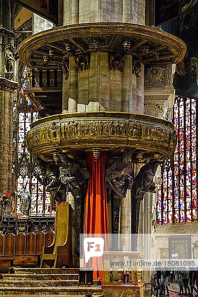Interior with pulpit  Milan Cathedral in white marble  Lombardy  Italy  Milan  Lombardy  Italy  Europe