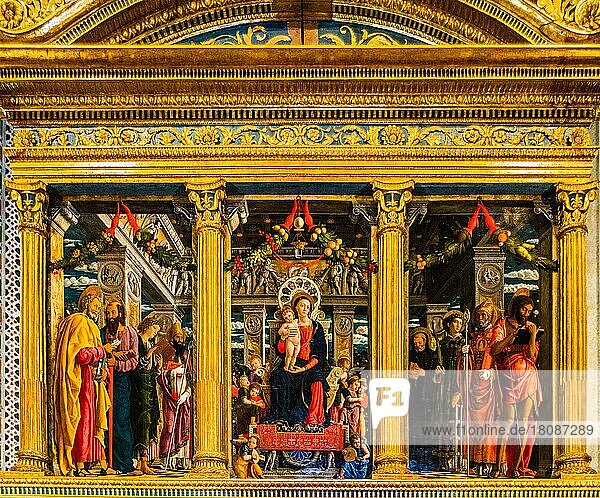 Triptych of the Zeno Altar  1457-1460  by Andrea Mantegna  first high altar of the Renaissance  San Zeno Maggiore  one of the most beautiful Romanesque churches in Italy  12th-13th c. Verona with medieval old town  Veneto  Italy  Verona  Veneto  Italy  Europe