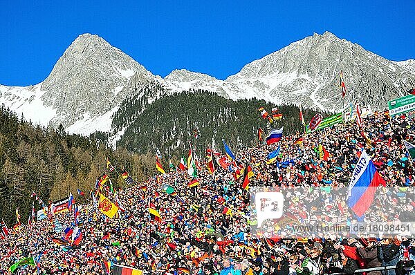 Winter sports  spectators  grandstand  biathlon  Antholz  Pustertal  South Tyrol  Italy  Europe