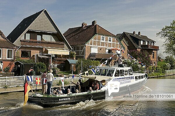 Excursion boat on the Este  Estebrügge  Altes Land  Lower Saxony  Germany  Europe