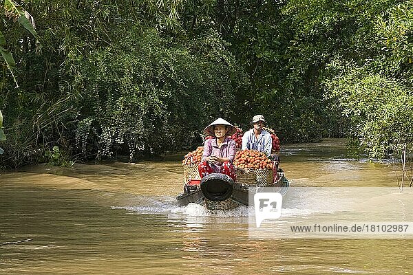 Market boat in side channel of Mekong River  Mekong Delta  Vietnam  Asia