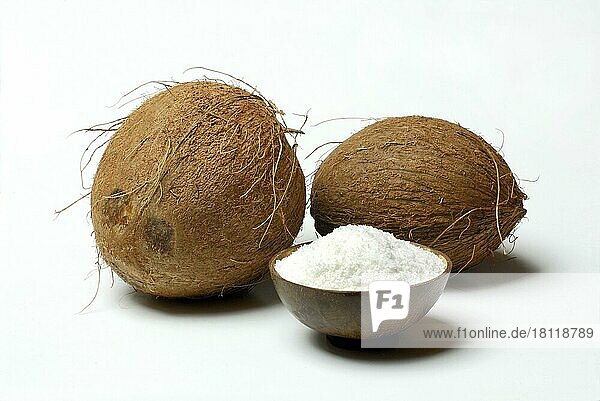 Kokosnüsse und Schale mit Kokosraspel (Cocos nucifera)  Kokosnuss  Kokosflocken