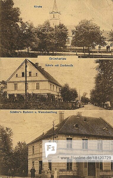 Grünhartau  Kirche  Schule mit Dorfstraße und Schiller's Bäckerei  Ansicht um ca 1900-1910  digitale Reproduktion einer historischen Postkarte  public domain  aus der damaligen Zeit  genaues Datum unbekannt