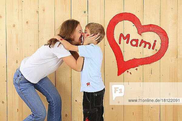 Mother and son  Mother's Day  heart with lettering Mami  colour