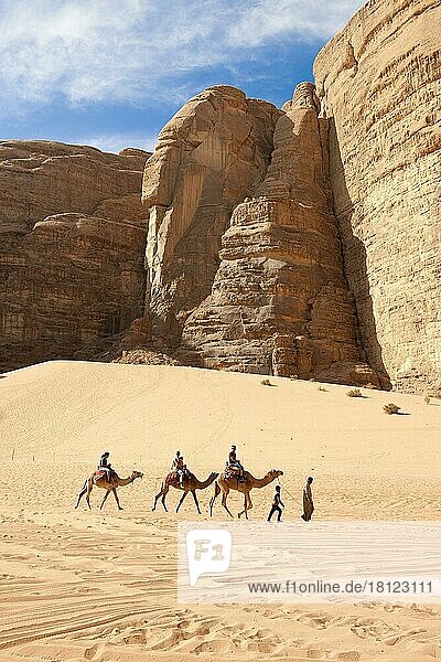 Kamelreiter  Touristen auf Dromedaren (Camelus dromedarius)  Kamelritt  Wadi Rum  Jordanien  Asien