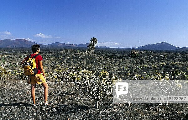 Hiking in the volcanic landscape near Uga  Lanzarote  Canary Islands  Spain  Europe