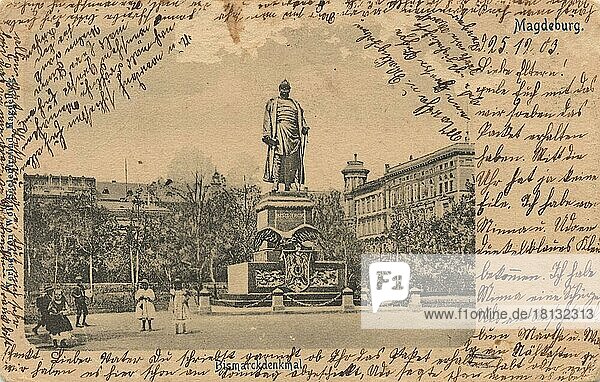Bismarckdenkmal in Magdeburg  Sachsen-Anhalt  Deutschland  Ansicht um ca 1910  digitale Reproduktion einer historischen Postkarte  aus der damaligen Zeit  genaues Datum unbekannt  Europa