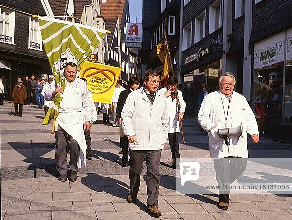 Ruhr area. Journeymen bakers and master craftsmen demonstrate for the preservation of the craft. ca 1986-7