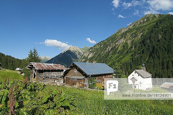 Bauernhof und Kapelle in Baad  Kleinwalsertal  Vorarlberg  Österreich  Europa