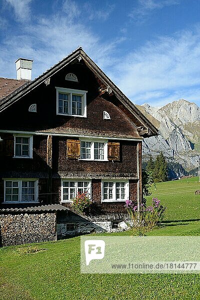 Farmhouse with wooden shingles  near Wildhaus  Toggenburg  Canton St. Gallen  Switzerland  Europe
