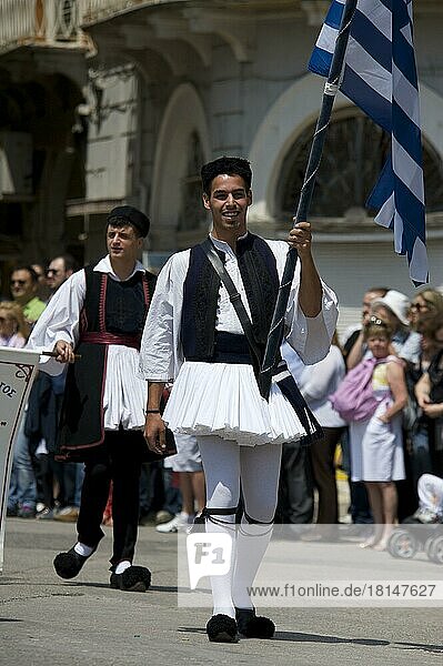 Men in traditional traditional costume at a festival in Kerkira  Corfu Town  Corfu  Ionian Islands  Greece  flag bearers  Europe