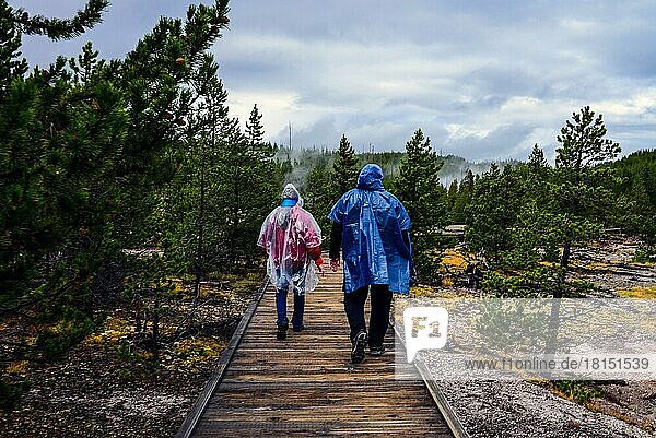Couple of tourists in Norris Geyser Basin  Yellowstone National Park  USA  North America
