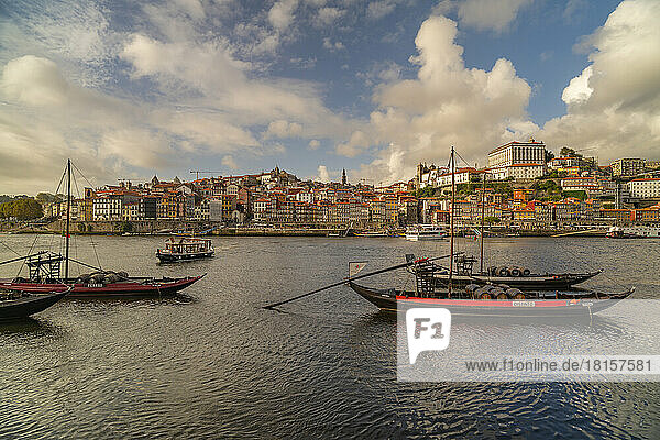 View of the Douro River and Rabelo boats aligned with colourful buildings  Porto  Norte  Portugal  Europe