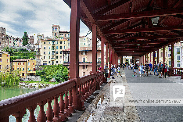 The Brenta River and the old bridge  Bassano del Grappa  Vicenza  UNESCO World Heritage Site  Veneto  Italy  Europe