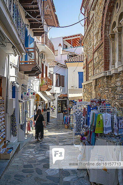 View of shops in narrow street  Skopelos Town  Skopelos Island  Sporades Islands  Greek Islands  Greece  Europe