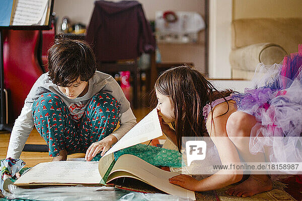 kleines Mädchen im Kostüm nervt Bruder  während er ein Buch liest