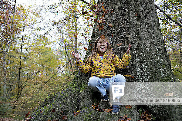 Cheerful girl playing with leaves sitting on tree trunk in forest