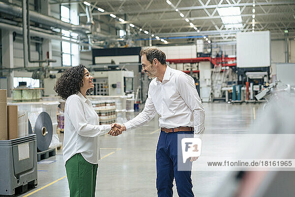 Happy mature businessman shaking hand with businesswoman in industry