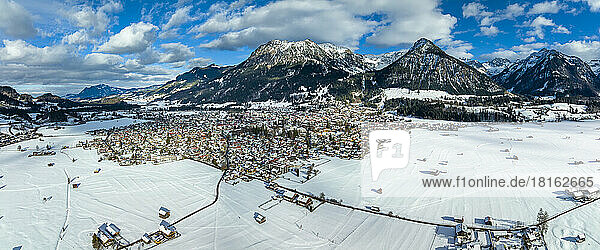 Germany  Bavaria  Oberstdorf  Aerial panorama of mountain town in winter