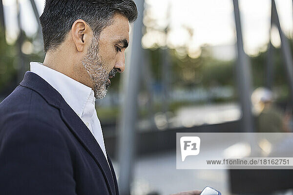 Businessman with beard using smart phone