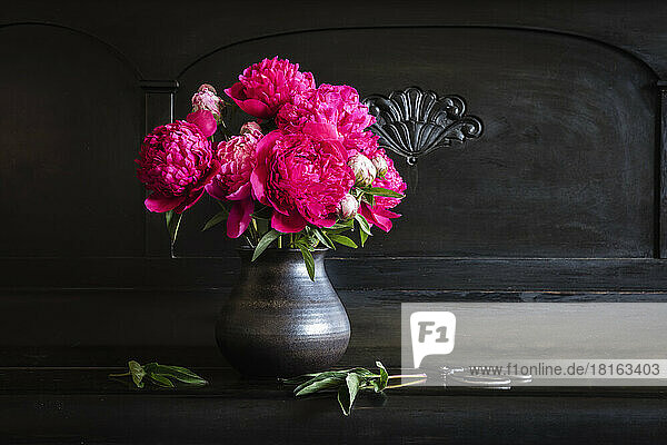 Vase with pink blooming peonies standing on piano