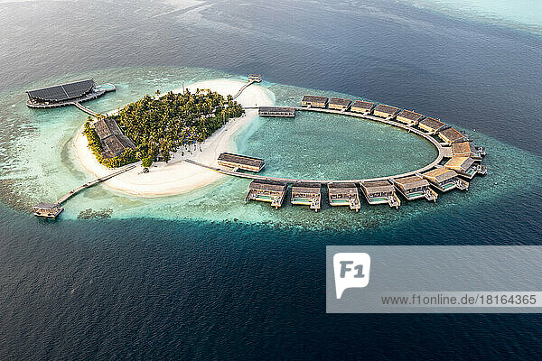 Maldives  Lhaviyani Atoll  Kudadoo Island  Aerial view of island tourist resort surrounded by Indian Ocean