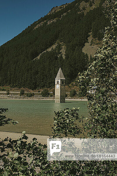 Italy  Trentino-Alto Adige  Bell tower submerged in Lake Reschen