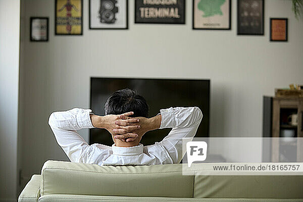 Rückansicht eines japanischen Mannes  der sich auf dem Sofa entspannt