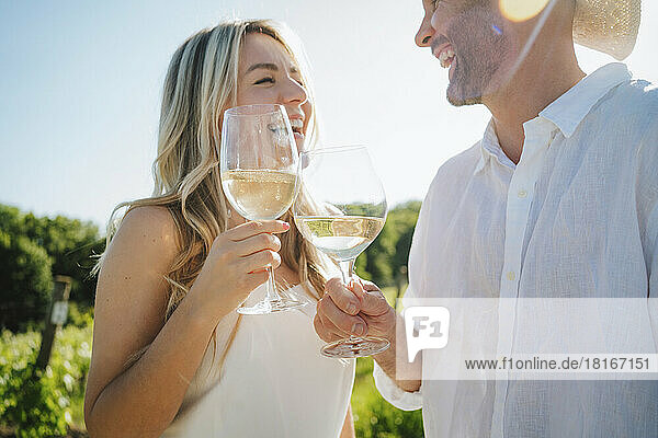 Happy couple toasting wine at winery on sunny day