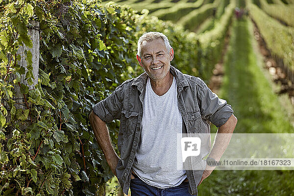 Smiling farmer standing with hands on hip at vineyard