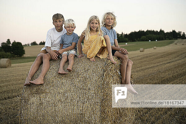 Smiling boys and girl sitting on haystack