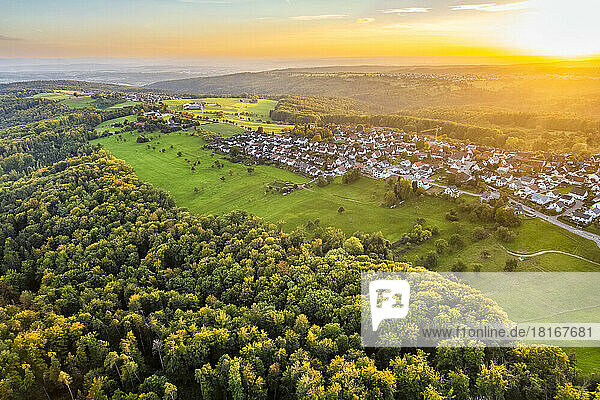 Germany  Baden-Wurttemberg  Drone view of town in Rems Valley at sunset