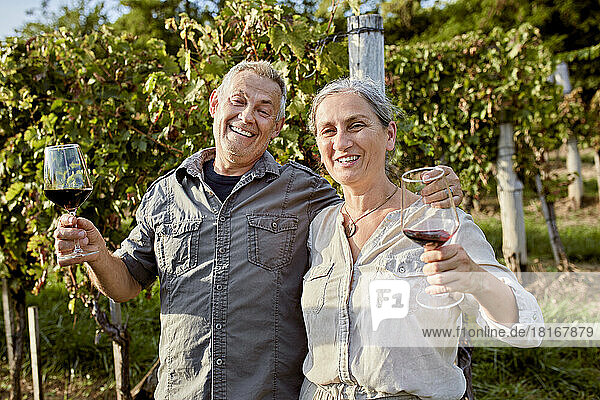 Happy couple holding red wineglasses in front of vineyard