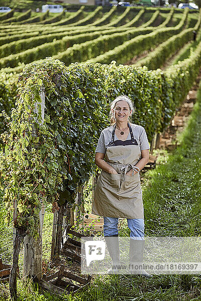 Smiling farmer standing with hands in pockets at vineyard
