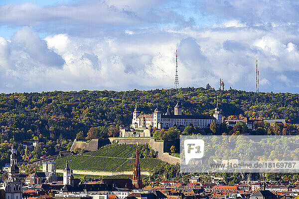 Germany  Bavaria  Wurzburg  View of Marienberg Fortress and surrounding city in autumn