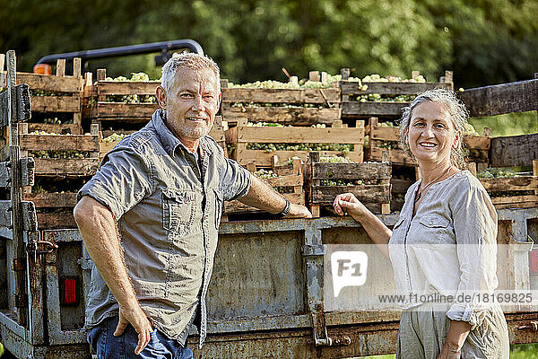 Smiling mature farmers in front of truck with crate of grapes