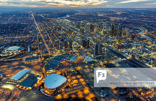 Aerial evening view of downtown Calgary,  Alberta,  Canada; Calgary,  Alberta,  Canada