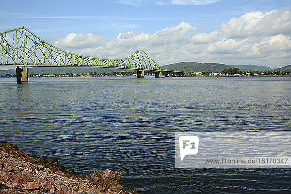 The J.C. Van Horne Bridge connecting New Brunswick with Quebec.; Point a la Croix  Restigouche River  Campbellton  New Brunswick  Canada.