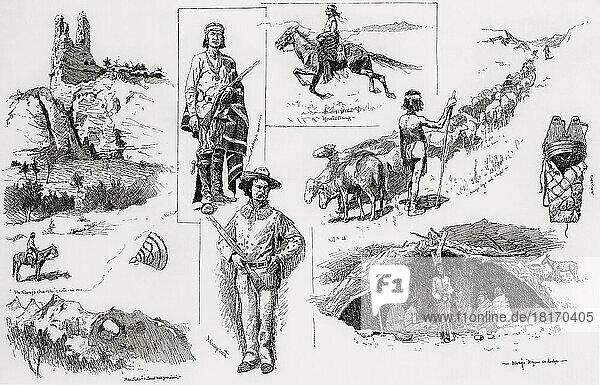 The Navajo Indians. After a work by American artist Frederic Sackrider Remington  1861 – 1909. A montage of sketches reflecting Navajo society.