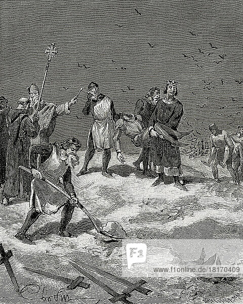 King Louis IX of France helping to bury dead soldiers  many of whom had succumbed to disease which spread through the camp  during the seventh crusade. Louis IX  1214 – 1270  aka Saint Louis or Louis the Saint  King of France  1226 - 1270. From Histoire de France  published 1855.