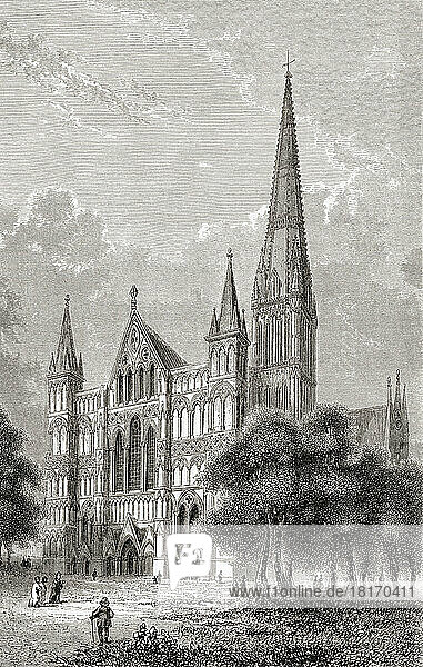 Kathedrale von Salisbury  Salisbury  England  hier im 19. Jahrhundert. Die Kathedrale wurde zwischen 1220 und 1320 im Stil der englischen Frühgotik erbaut und von den Architekten Richard Poore und Elias of Dereham entworfen. Aus Les Plus Belles Eglises du Monde  veröffentlicht 1861.