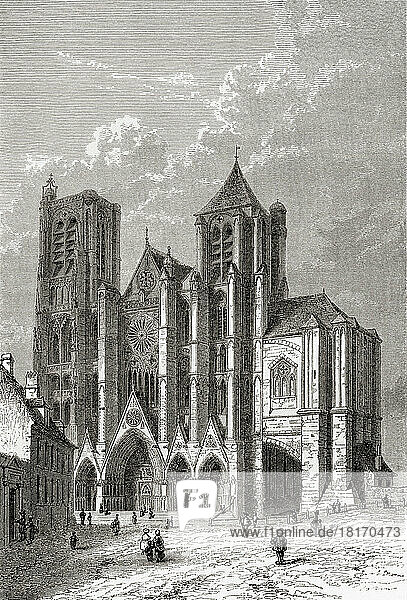 Bourges Cathedral  aka Saint Stephen of Bourges  Bourges  France  seen here in the 19th century. The building of the chuch took place between 1195 and 1230 and is in the High Gothic and Romanesque architectural styles. From Les Plus Belles Eglises du Monde  published 1861.