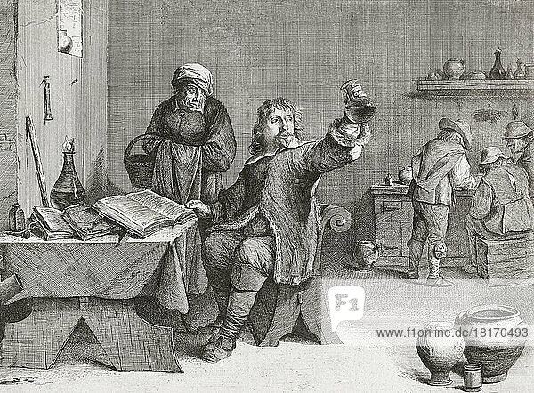 A 17th century European doctor examines a flask of urine from an elderly female patient. After a 17th century print by Quirin Boel after the painting by David Teniers.