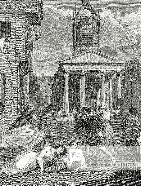 Die tödliche Wirkung der Pest von 1665. Nach einem Stich des englischen Künstlers Robert Smirke. Schätzungen zufolge starben in den 18 Monaten  in denen die Pest in der Hauptstadt wütete  bis zu 100.000 Menschen - ein Viertel der Londoner Bevölkerung.