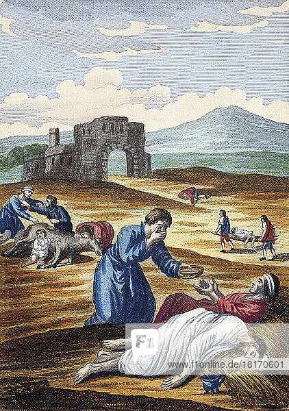 Ein Passant bietet einem sterbenden Mann Wasser an. Die Elemente dieses Bildes aus dem 17. Jahrhundert waren während des Ausbruchs der Pest in vielen europäischen Städten vom 15. bis zum 17. Spätere Kolorierung.